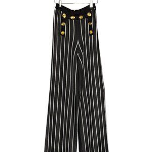 Balmain Black White Striped Buttons Accent Wide-Leg Knit Pants